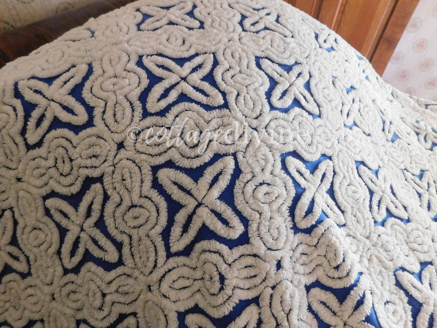 Gothic Cobalt Blue Chenille Bedspread, Hofmann Vintage Full Size Bedding, 100% cotton