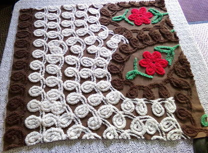 Yummy Chocolate Cherry Cake Vintage Chenille Fabric, Plush 25" x 26" Inch Piece, Great for Boho Pillows, Quilts, Fiber Arts