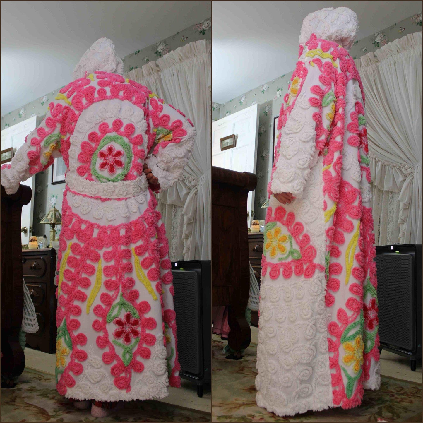 Pink Burst Chenille Robe with Sparkle Flowers, Medium / Large Hooded Vintage Style Women's Bathrobe