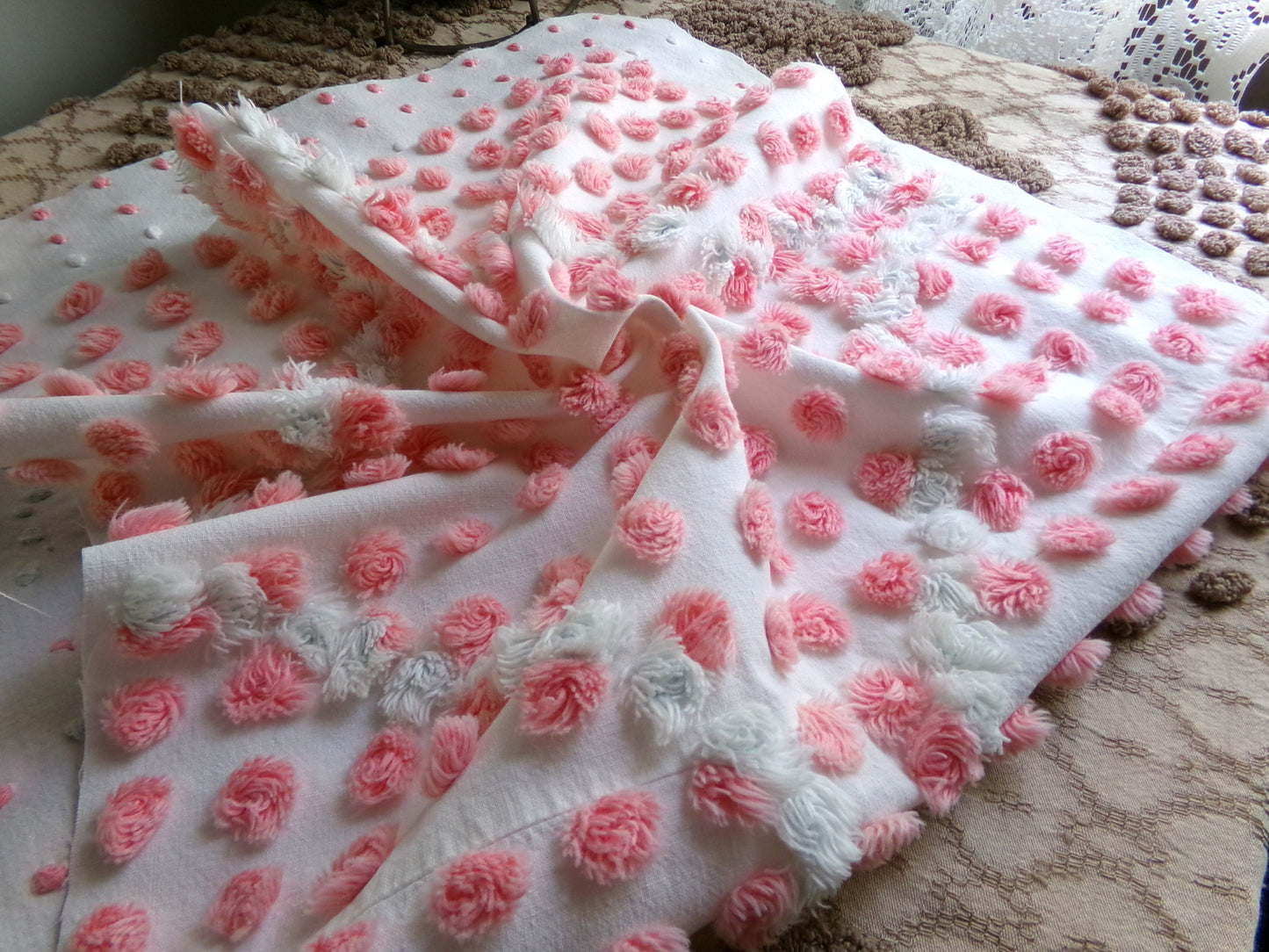Precious Pink Pops Vintage Chenille Fabric, 15" x 28" Inch Piece, 100% Cotton, Antique Handtufted Plush Flower, Great for DIY Pillows