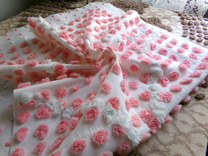 Precious Pink Pops Vintage Chenille Fabric, 15" x 28" Inch Piece, 100% Cotton, Antique Handtufted Plush Flower, Great for DIY Pillows