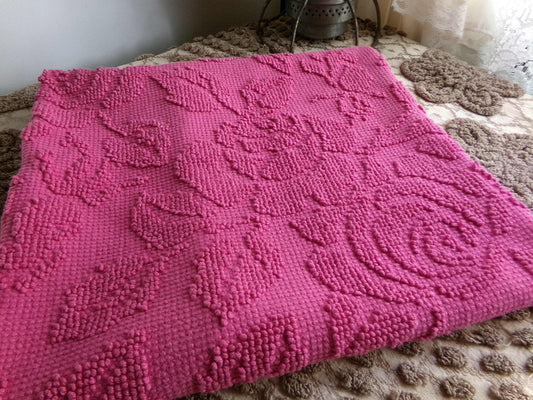 Vintage Woven Chenille Fabric, Reversible Hobnail Design, 20" x 25" inch Piece, Vivid Magenta Pink Color, Imperial Rose Pattern