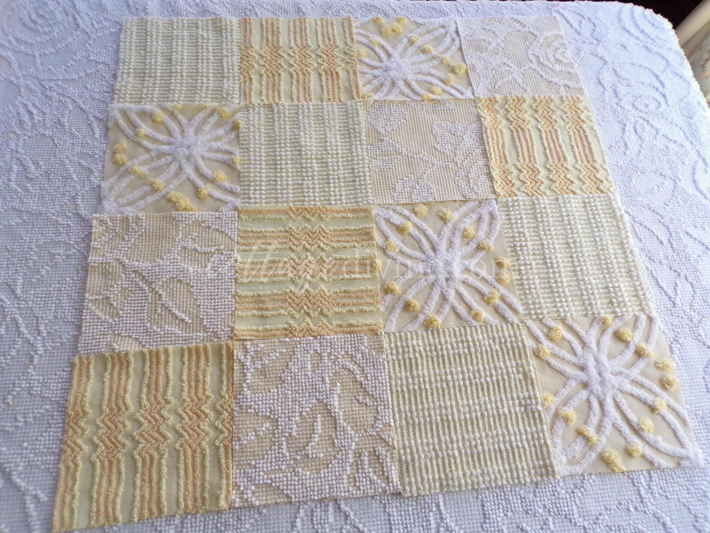 Lightning Strike Chenille Quilt Squares Set from Vintage Bedspread Fabric, 16 Blocks, 6" x 6" inch & Bonus Square