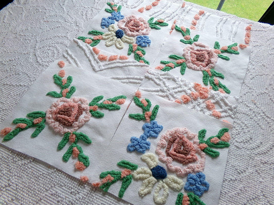 cottage chic chenille fabric squares, set of 8 vintage 7.5" quilt blocks, peach, white rose floral & geometric for sewing, crafts, quilting
