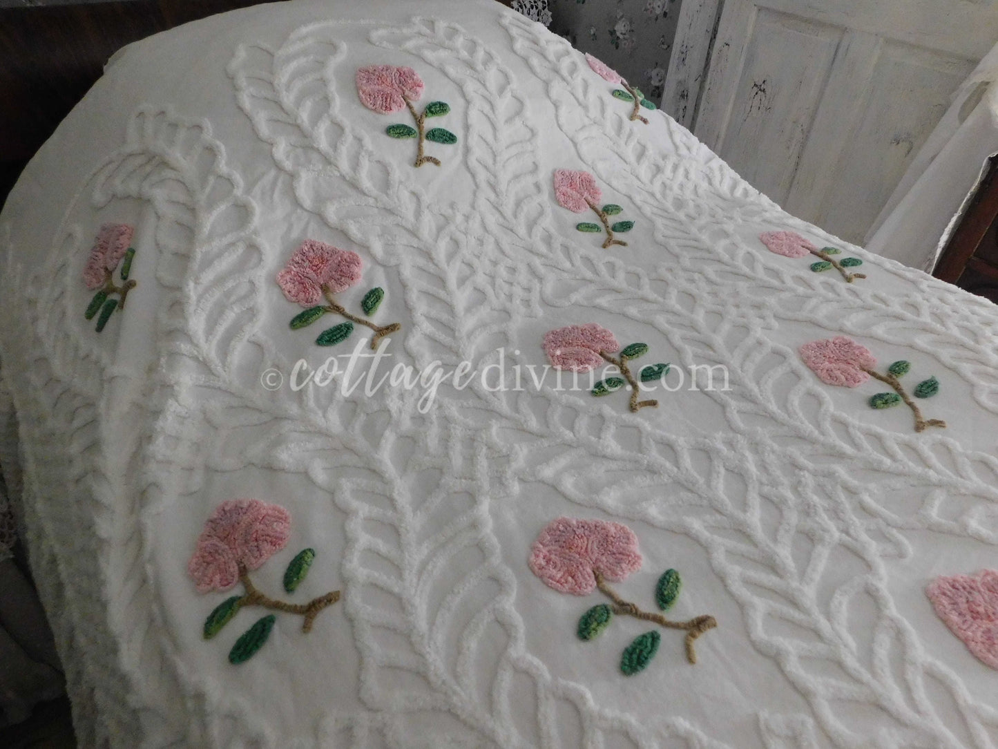 Heirloom Rose Vintage Chenille Bedspread, Full Size, JELDI AUSTRALIA, Cotton, Ruffled Skirt
