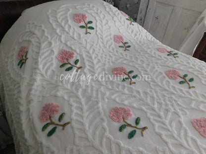 Heirloom Rose Vintage Chenille Bedspread, Full Size, JELDI AUSTRALIA, Cotton, Ruffled Skirt