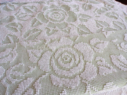 Sage Green Creamy White Cabbage Rose Chenille Fabric, 19" x 23" inch Piece, Vintage Fieldcrest Reversible Hobnail Design, Durable & Strong