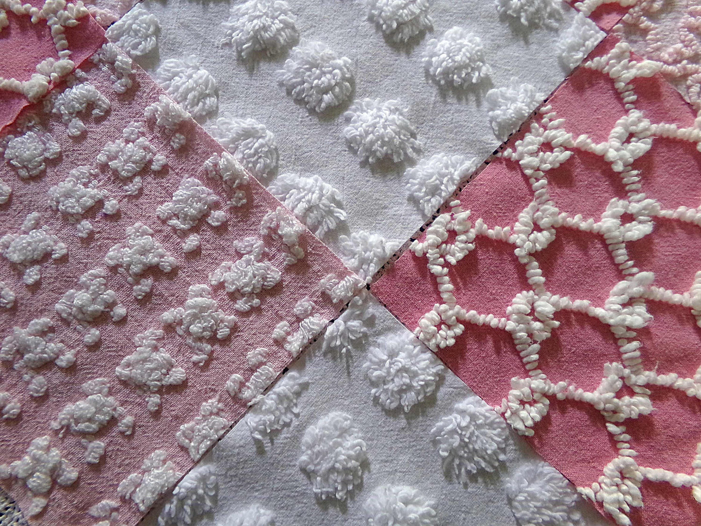 Must Luv Pink Quilt Squares Set from Vintage Chenille Bedspread Fabric, 17 Blocks, 6" x 6" inch