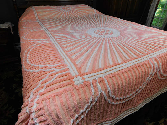 Spectacular STARBURST Peach SUN RAYS Vintage Chenille Bedspread, 100% Plush Cotton, Full Size