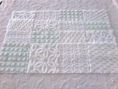 winter rose chenille fabric squares, white rosebud, daisy & geometric mix, vintage craft square set of 16 quilt blocks, 6" x 6" inch