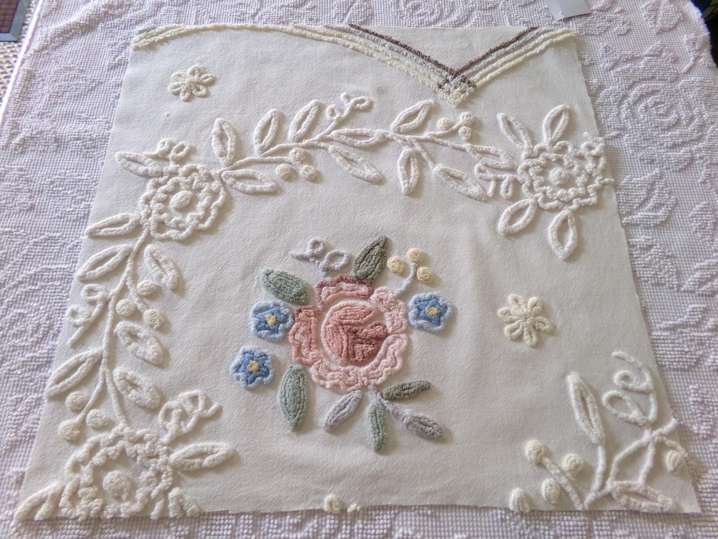 shabby chic chenille fabric, lovely needletuft rose floral design, 21" x 21" inch piece of vintage sewing material great for a pillow cover