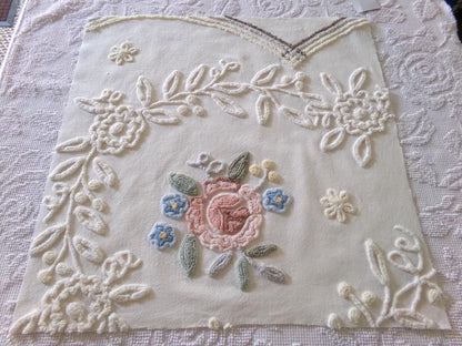 shabby chic chenille fabric, lovely needletuft rose floral design, 21" x 21" inch piece of vintage sewing material great for a pillow cover