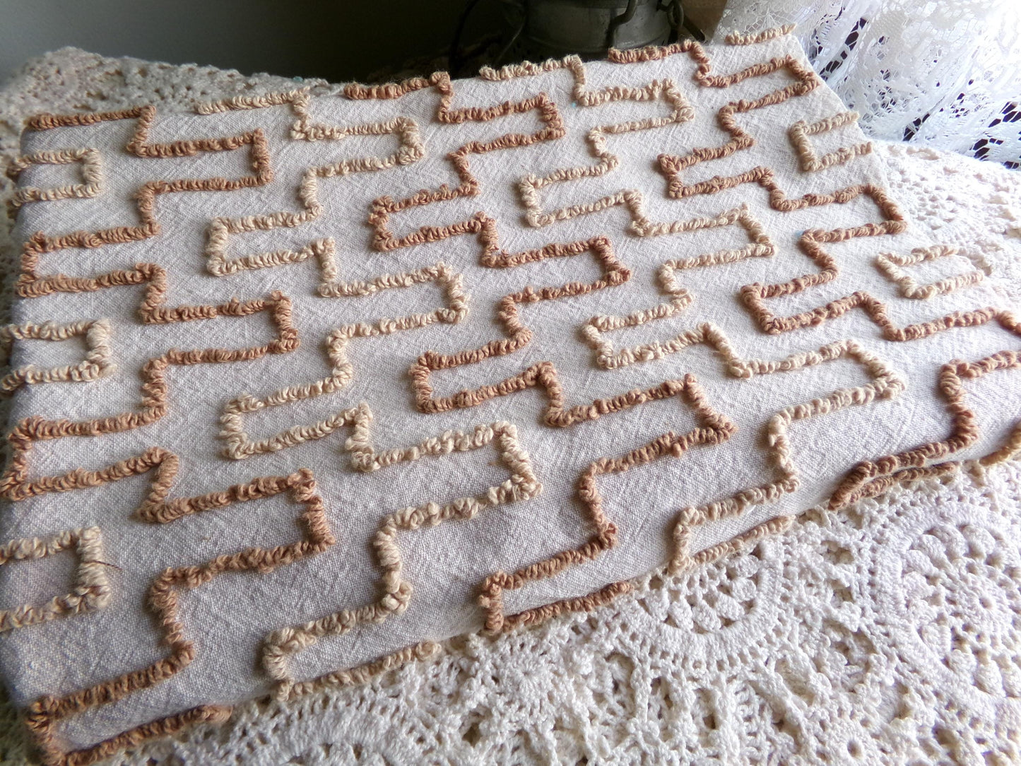 Sandcastles Vintage Chenille Fabric, 18" x 24" Piece, Earthtone Geometric Boho Browns, for Quilts, Sewing, Fiber Arts, Crafts
