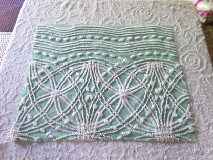 spiderweb jade green vintage chenille fabric, unique texturized web pattern on this 18" x 23" inch piece of sewing material