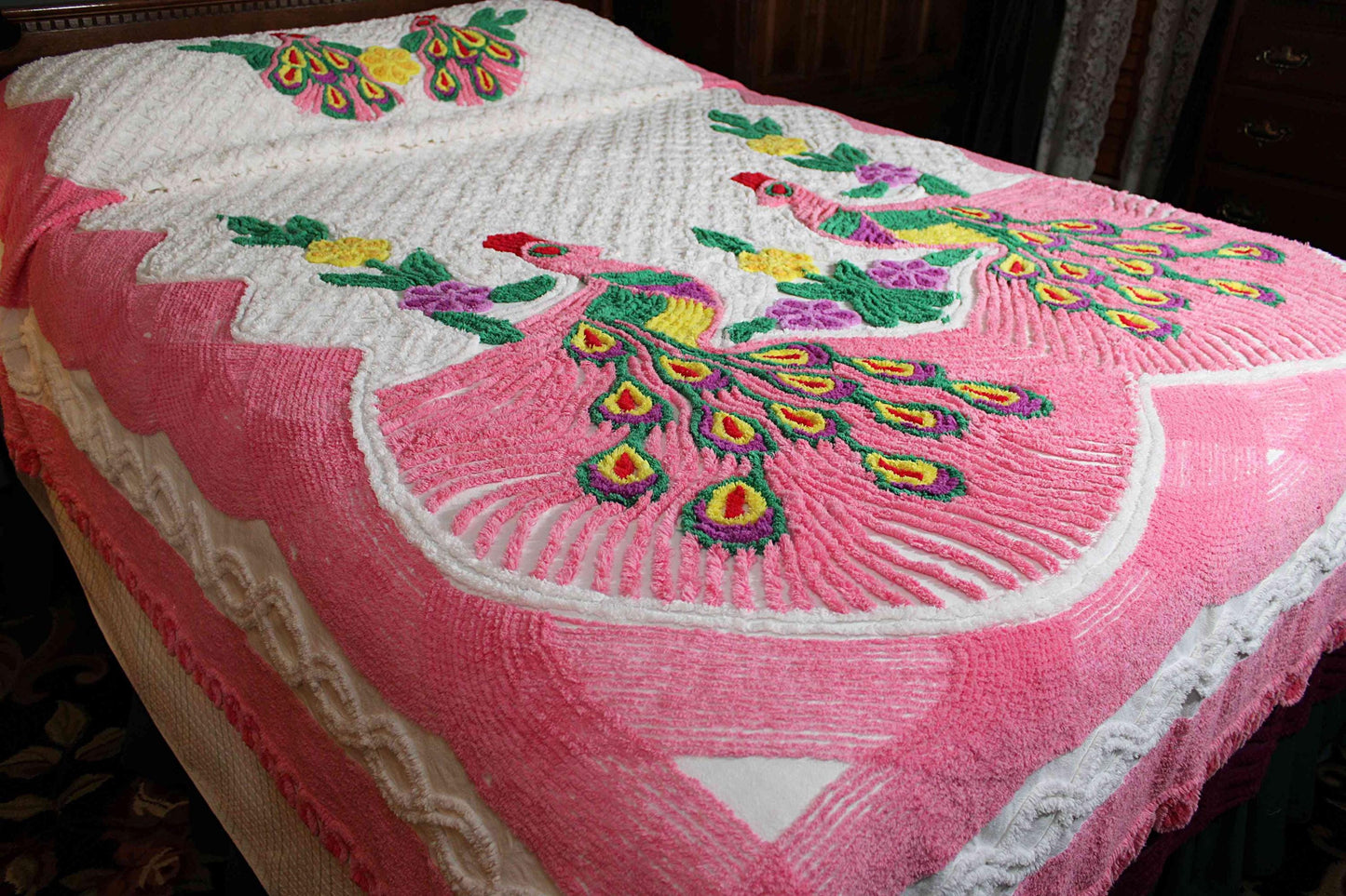 Popular Pink Peacock Vintage Chenille Bedspread, Full Size Boho Glam Bedding