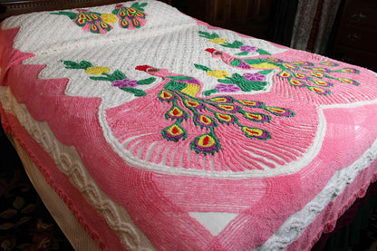 Popular Pink Peacock Vintage Chenille Bedspread, Full Size Boho Glam Bedding