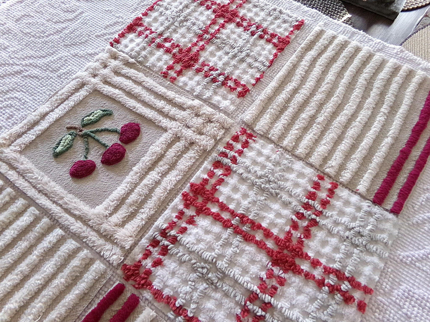 cheery cherry chenille quilt squares, 7.5" vintage fabric blocks, set of 8 in grey, white, maroon