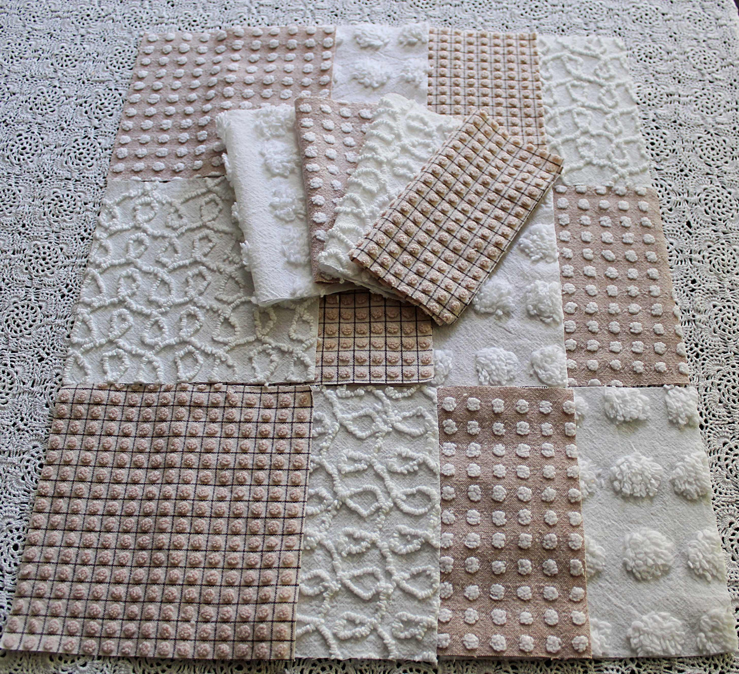 Trendy Neutral Chenille Squares, Vintage Meets Modern Craft Quilt Square Set from Vintage Bedspread Fabric, 16 Blocks, 6" x 6" inch