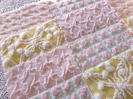 Whispers of Spring Vintage Chenille Fabric Squares Set 16 Blocks, 6" inch ea in Peach, Yellow, Pink & White daisies, rosebud, lattice, pops