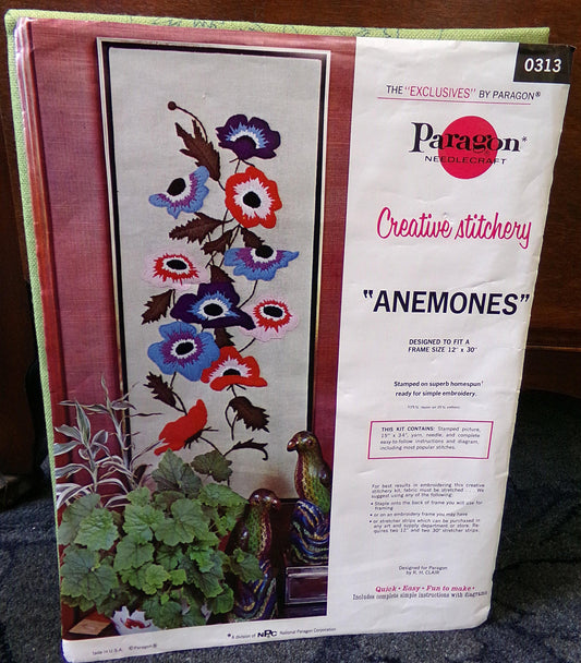 ANEMONES Crewel Embroidery Kit, Vintage Paragon Stitchery 0313, Large Hippie Floral Wallhanging Design by R.H. Clair
