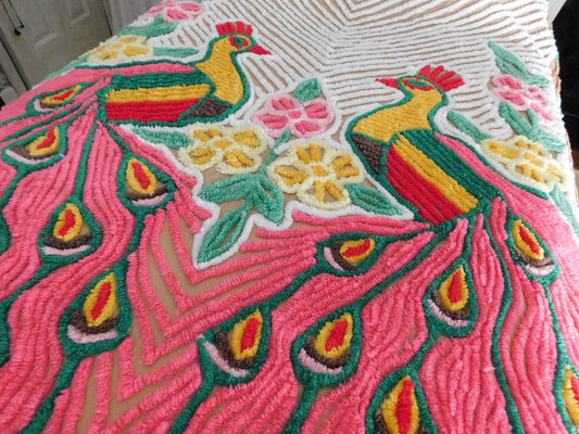 Vintage Peacock Chenille Bedspread, Full Size, Pink Rainbow & Warm Honey Brown Colors, 100% Cotton