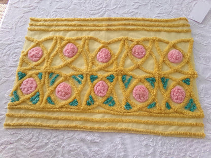 fairytale rose vintage chenille material, lovely quilt fabric, or for pillows, wall hangings, 15" x 23" piece, golden yellow & pink roses