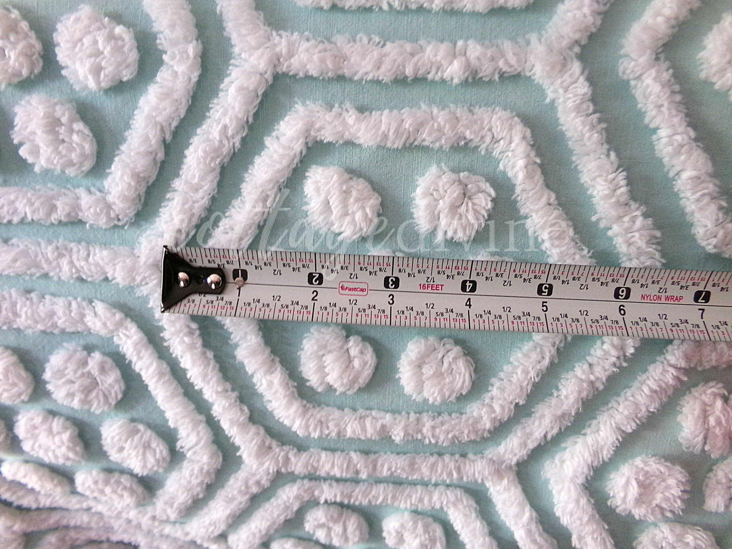 Plush Puffs Vintage Chenille Fabric, 20" x 25" Inch Aqua & White Piece, Rare Geometric Hexagon Design by Hofmann Textiles