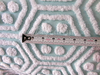 Plush Puffs Vintage Chenille Fabric, 20" x 25" Inch Aqua & White Piece, Rare Geometric Hexagon Design by Hofmann Textiles