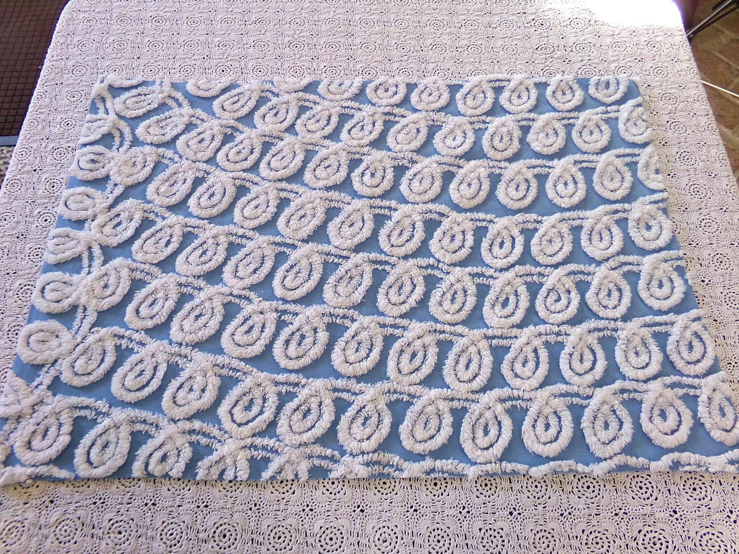 White & Blue Chenille Fabric, Soft Curlicue Swirls, 18" x 26" inch Piece, Vintage Cotton Material for Quilting, Crafts