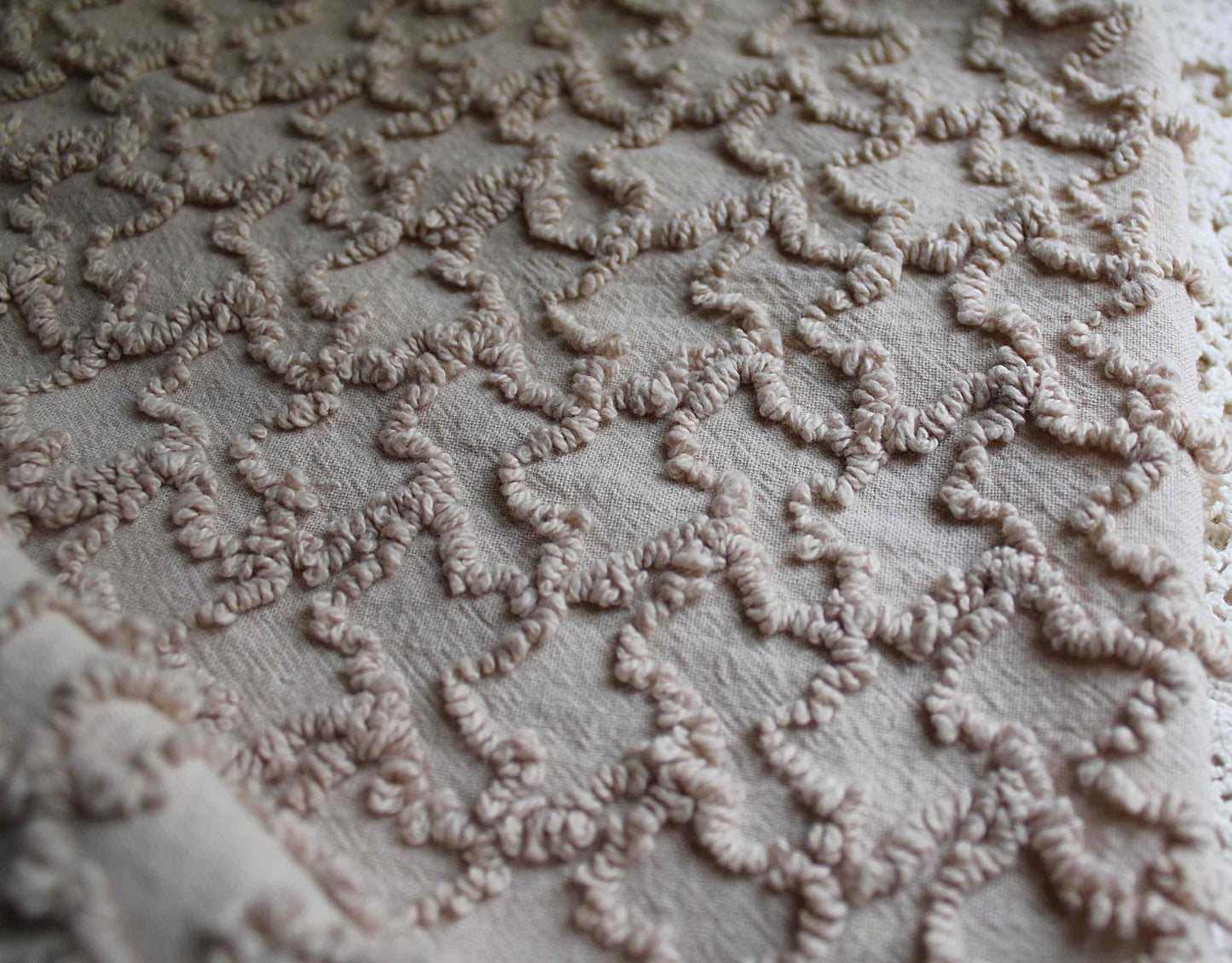 neutral vintage chenille fabric, sandy mocha texturized squiggles, 20" x 24" inch piece, 100% lightweight cotton