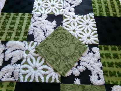 goblin green & black chenille fabric squares, set of 17 vintage boho quilt blocks for hippie style pillows, fiber arts