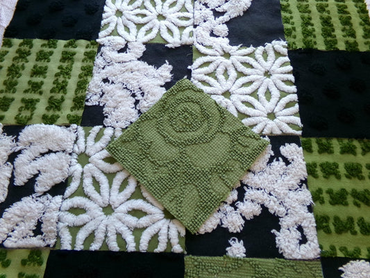 goblin green & black chenille fabric squares, set of 17 vintage boho quilt blocks for hippie style pillows, fiber arts