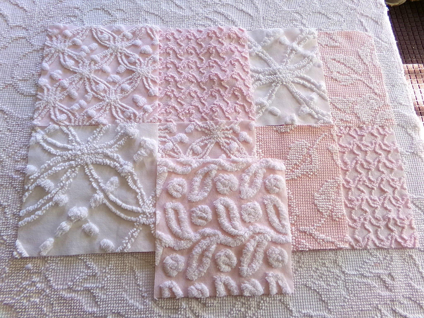 vintage chenille fabric squares in classic feminine pink & white textures, 7.5" vintage fabric blocks, set of 9 for sewing, crafts, quilts