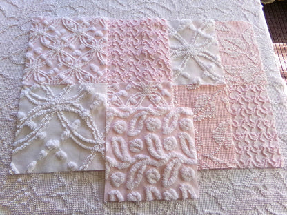 vintage chenille fabric squares in classic feminine pink & white textures, 7.5" vintage fabric blocks, set of 9 for sewing, crafts, quilts