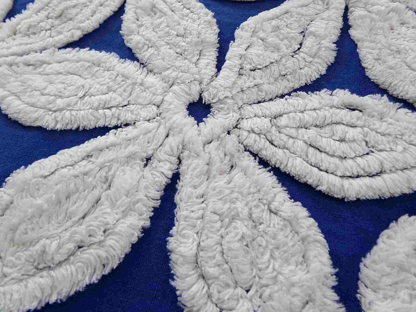 vintage chenille fabric, big beautiful white daisies on dramatic cobalt blue, 20" x 24"' inch piece, plush abstract coastal floral pattern