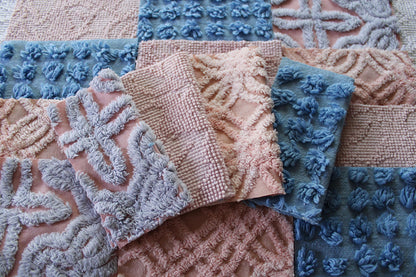 starry twilight chenille fabric squares, set of 16 vintage quilt blocks 6" inches ea, dreamy serene blue, rose mist, pink shades