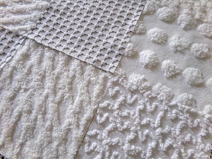 Blizzard White Vintage Chenille Fabric Squares, Diamond Ice, Coin Pop, Squiggle & Micro Grid, Set of 16 Quilt Blocks, 6" x 6" inch each