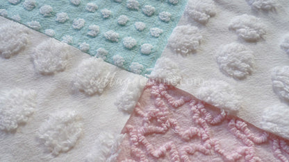 Classic Cottage Chic Chenille Quilt Squares Set from Vintage Bedspread Fabric, 16 Blocks, 6" x 6" inch, Pretty Pink Rosebud, Aqua & White