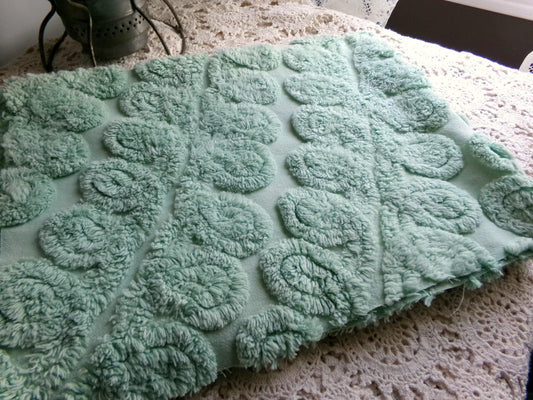 Fluffy Mint Ice Cream Swirl Vintage Chenille Fabric, Plush 20" x 26" inch piece in looping curlicues pattern