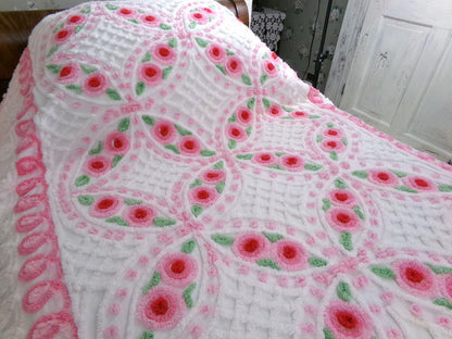 shabby romantic roses vintage chenille bedspread, lush pink & white swirl curlicues, twin size cotton coverlet