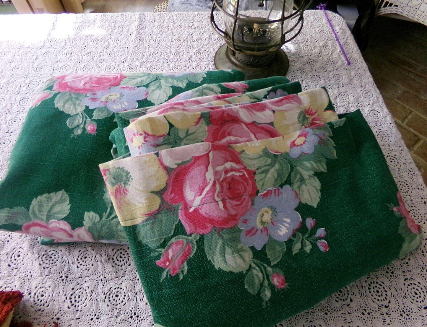 Ralph Lauren Hayley Floral Drapes Window Curtains, Pair of Vintage Green Panels