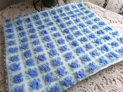 periwinkle blue rosebud chenille fabric, 20" x 24" inch piece cut from NOS vintage chenille bedspread, lovely blue roses quilt material
