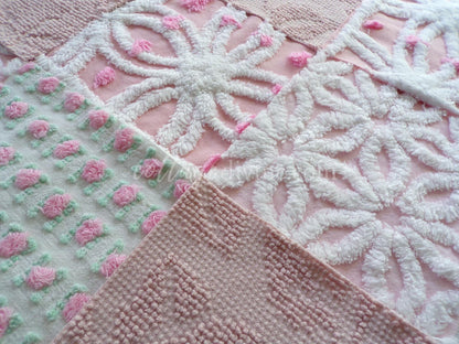 angel pinks vintage chenille fabric squares, rosebuds, daisy patterns, set of 16 quilting blocks, 6" x 6" each, pretty in patchwork pillows
