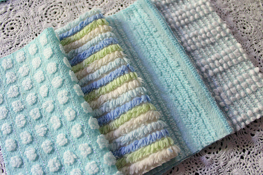 Sea Mist Chenille Quilt Squares Set, from Vintage Bedspread Fabric, 17 Blocks, 6" inch in Coastal Blues, Aqua