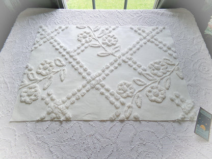 Vintage White Floral Chenille Fabric: Farmhouse Style 23" x 16" Cut Piece