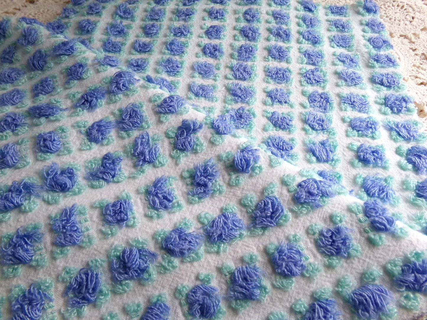 periwinkle blue rosebud chenille fabric, 20" x 24" inch piece cut from NOS vintage chenille bedspread, lovely blue roses quilt material
