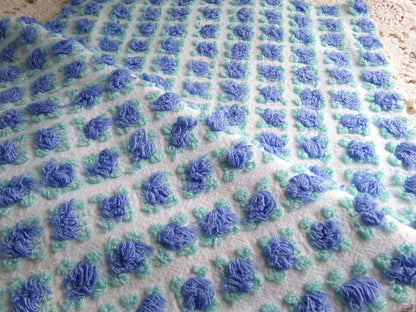 periwinkle blue rosebud chenille fabric, 20" x 24" inch piece cut from NOS vintage chenille bedspread, lovely blue roses quilt material