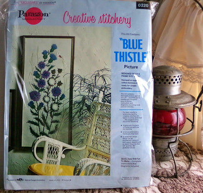 BLUE THISTLE Crewel Stitchery Kit, Vintage 0220 Paragon Needlecraft Embroidery, Hippie Style Wall Hanging, Barbara Sparre Design