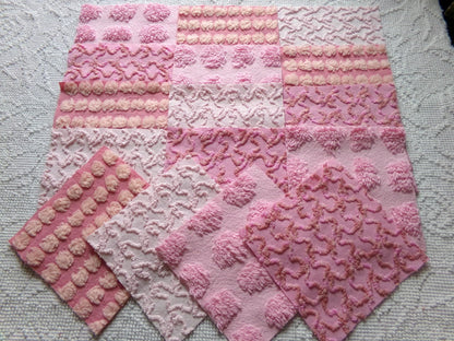 perky pinks chenille fabric squares, 16 vintage 6" quilt blocks in pops & squiggle texture, for sewing, crafts, fiber arts