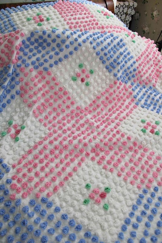 Rare Vintage Chenille Bedspread, Tufted Pink & Blue Popcorns with Rose Pop Flowers, Anne Orr for Cabin Crafts, Full Size Cottage Bedding